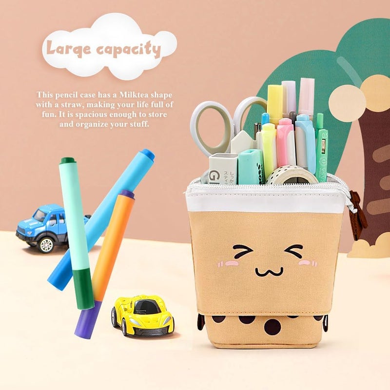 KPX Cute Standing Pencil Case Pen Holder for Kids, Pop Up Stand UP Bubble Tea Pen Organizer Kawaii Stationary for Christmas Holiday New Year Office (Brown) - Image 4